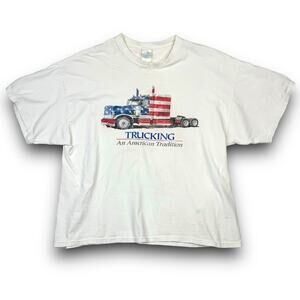 Vintage American Trucking Tshirt 18 Wheeler Cab American Flag White Size XXL